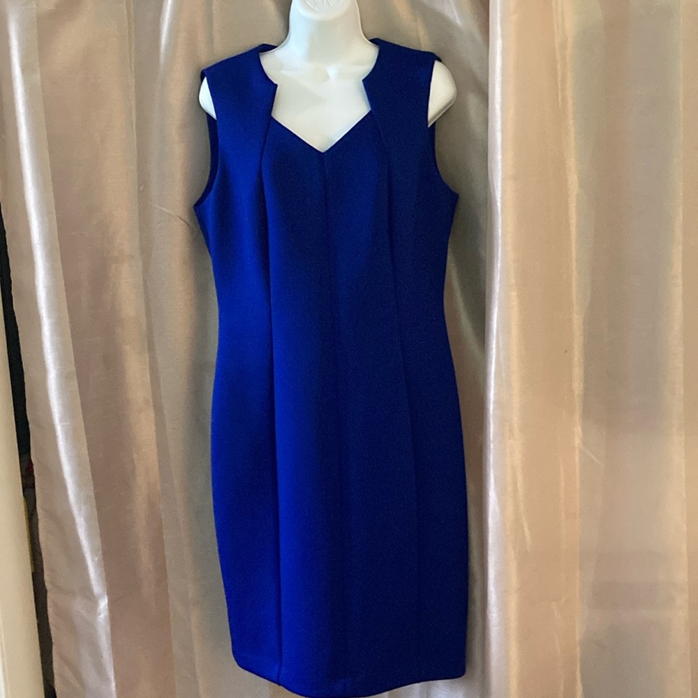 Calvin Klein Blue V-Neck Sheath Midi Dress